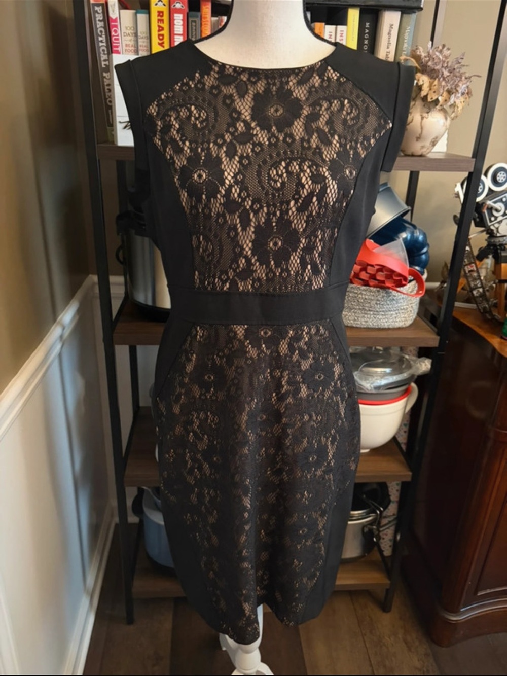 Adrianna Papell Black Lace Midi Sheath Dress